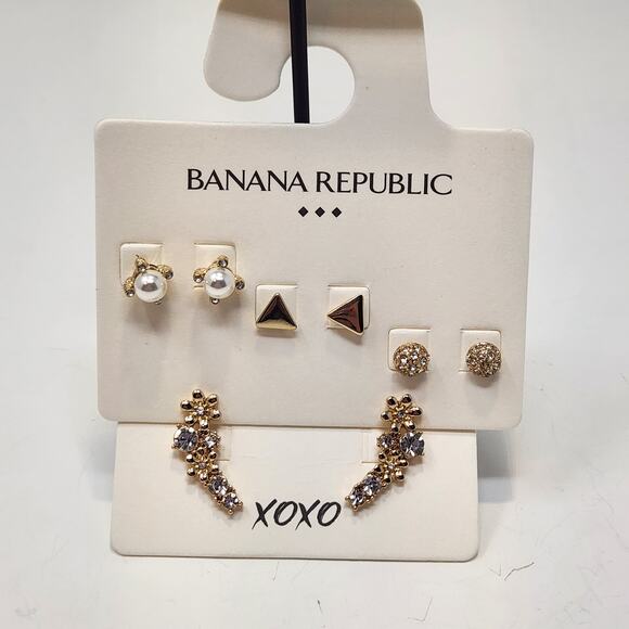 Banana Republic Earring Set of 4 Gold Tone Studs Crystal Casual Workwear Jewelry - Picture 1 of 6